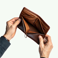 A pair of hands holding an open empty leather wallet, symbolizing financial struggles and lack of money	