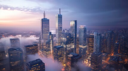 City skyline at sunrise, fog, aerial view. Possible use Stock photo for travel, business, or architectural
