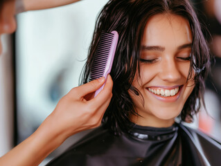 Happy beautiful young woman getting her hair done by a hairdresser at a beauty salon