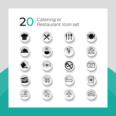 Catering icon set fork, spoon, knife, plate, chef hat, and cloche or tray icon. Cutlery icon set in line and flat style. Dinnerware icon symbol. Restaurant sign and symbol. Vector