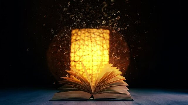 Flying particles and numbers. Vintage open book on the table against the background of a glowing retro lantern. Loop animation.