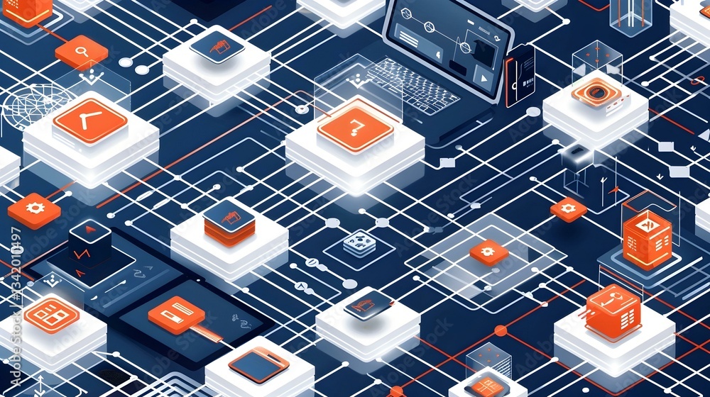 Poster abstract isometric illustration of interconnected digital blocks, representing a complex network sys