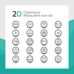 Catering icon set fork, spoon, knife, plate, chef hat, and cloche or tray icon. Cutlery icon set in line and flat style. Dinnerware icon symbol. Restaurant sign and symbol. Vector