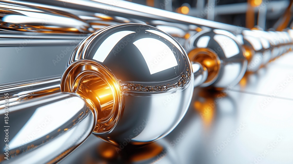 Poster shiny chain link: a close-up of a sleek, futuristic chain with shiny chrome links, some glowing with