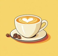 Obraz premium Coffee cup with heart-shaped latte art on a saucer and coffee beans displayed, creating a warm, inviting atmosphere perfect for a cozy cafe setting