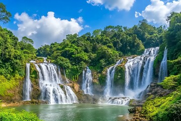 Fototapeta premium The breathtaking view of the Diu Waterfall in Guizhou Province, China, showcases its majestic waterfalls cascading over lush greenery and crystal-clear waters under a clear blue sky. 