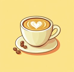 Obraz premium Warm cup of coffee on a white saucer with heart design in foam alongside coffee beans on a cheerful yellow background