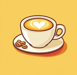 Obraz premium Delicious latte art in a white cup on a round plate with coffee beans in a bright yellow background