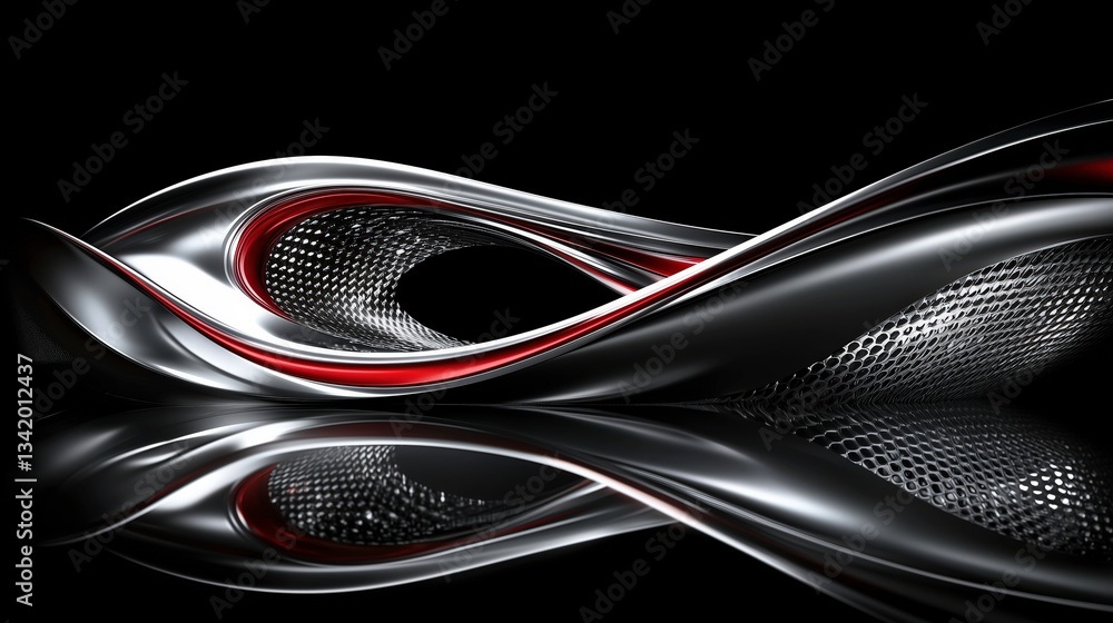 Poster metallic abstract reflection: a fluid, abstract composition featuring smooth, reflective metallic su