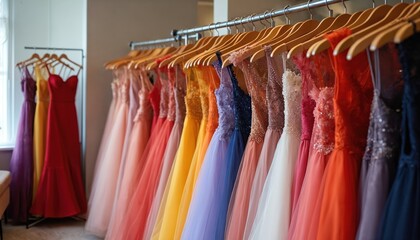 Elegant dresses hang on wooden hangers. Rental boutique offers curated selection formal attire, colorful wedding dresses, evening gowns, prom dresses, party wear. Sophisticated fashion for special