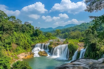 Obraz premium The breathtaking view of the Diu Waterfall in Guizhou Province, China, showcases its majestic waterfalls cascading over lush greenery and crystal-clear waters under a clear blue sky. 