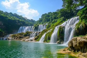 Fototapeta premium The breathtaking view of the Diu Waterfall in Guizhou Province, China, showcases its majestic waterfalls cascading over lush greenery and crystal-clear waters under a clear blue sky. 