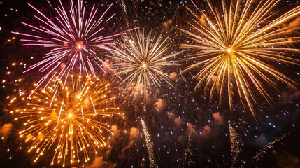 Naklejka premium Vibrant fireworks explode in the night sky, painting the darkness with bursts of gold, pink, and orange. A breathtaking spectacle of light and color.