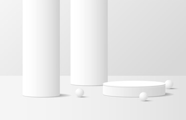 Realistic modern white 3D cylinder podium with sphere ball and roman pole. white studio room. 3D vector geometric platform design. Stage for showcase.