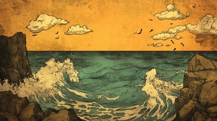 Rocky Coastline, Ocean Waves, Sunset View
