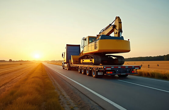 Trailer transports excavator on highway. Oversized cargo road logistics. Transportation heavy equipment. Semi haul oversize load at golden sunset. Flatbed truck on asphalt road by wheat field.