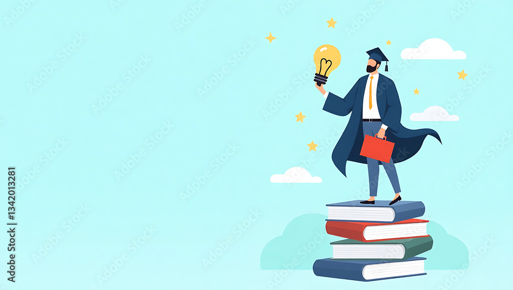 Poster illustration of a man in an academic robe and cap standing on a stack of books. he holds a briefcase