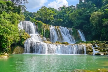 Obraz premium The breathtaking view of the Diu Waterfall in Guizhou Province, China, showcases its majestic waterfalls cascading over lush greenery and crystal-clear waters under a clear blue sky. 