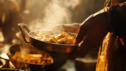 Steaming Delight: A Culinary Scene of freshly cooked Indian Dumplings served in a Brass Bowl