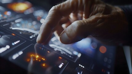 Close-up of a hand interacting with a futuristic touchscreen interface.  The image evokes themes of technology, innovation, and control.