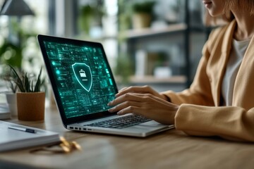 Woman using laptop with cybersecurity data protection screen online security concept