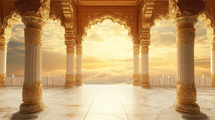 Indian Palace Wedding Terrace, Ornate Golden Gateway Leading to Endless Clouds, Subtle Holi Traces. Background Frame. Copy space. Generative AI