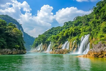 The breathtaking view of the Diu Waterfall in Guizhou Province, China, showcases its majestic waterfalls cascading over lush greenery and crystal-clear waters under a clear blue sky. 