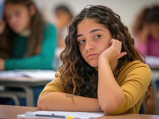 Focused student working diligently on assignment in classroom with natural lighting.