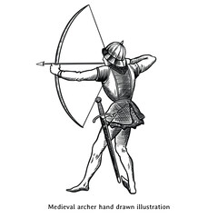 Medieval archer illustration. medieval archer hand drawn illustration in vintage engraving style. Medieval archer drawing
