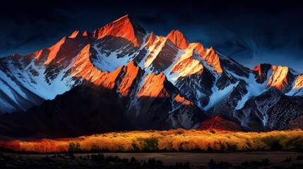 Majestic peaks and golden sunrise: A awe-inspiring image showcasing snow-capped mountain peaks bathed in the warm glow of a sunrise. The sunlight paints the peaks with brilliant colors.