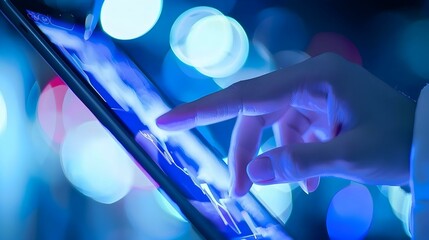A finger gracefully touches a glowing tablet screen, illuminated by vibrant bokeh lights.  Image evokes digital interaction, modern technology, and a sense of futuristic elegance.