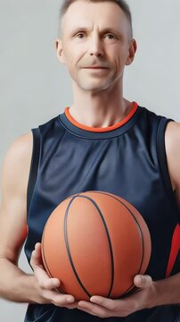 Middle-aged man holding a basketball in sports attire, showing confidence and readiness for gameplay during practice session