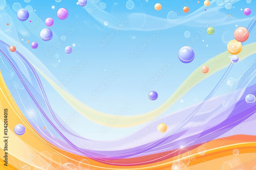 Poster whimsical colorful abstract background with spheres and wavy lines soft and dreamy