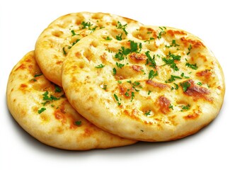 Three golden, spiced flatbreads, studio shot, with herbs