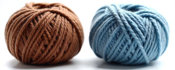 Macro shot of blue, brown wool yarn balls isolated on white transparent backdrop. Knitting textured wool ball, soft fiber, sewing, crocheting material for handmade craft projects. Yarn for knitting