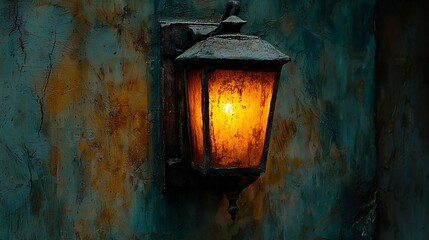 Warm Yellow Light Emitting from Aged Wall Lantern