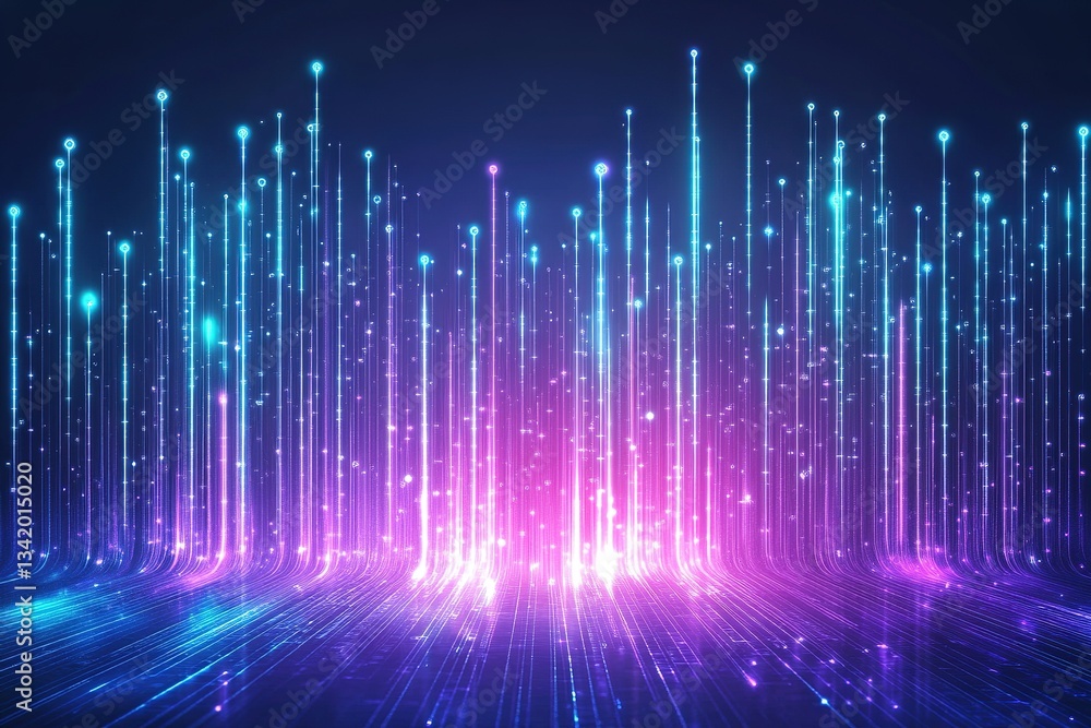 Poster abstract data flow with glowing neon lines and dots against a dark background