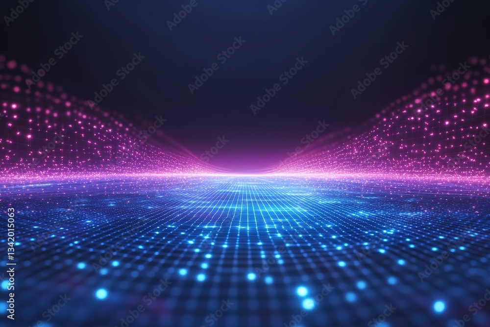 Poster abstract digital landscape with glowing grid and particles creating a futuristic scene