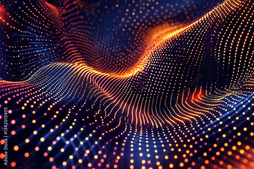 Poster abstract glowing dot landscape with wave-like pattern illuminating a dark atmosphere