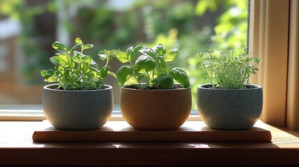 Three potted herbs, mint, basil, and thyme, sit on a windowsill in sunlight