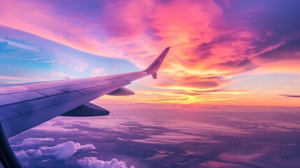 Sunset colors illuminating the sky from an airplane wing