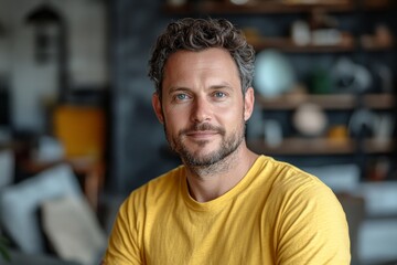 Obraz premium portrait of 40 years old European man in yellow T-shirt at home, closeup