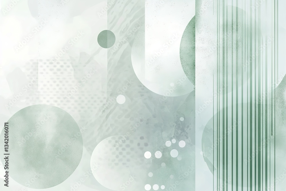 Poster abstract art in soothing muted green tones with circles lines and soft textures