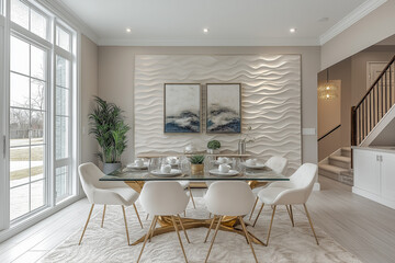 Salle à manger contemporaine avec table en verre et chaises élégantes, accents dorés et mur texturé, intérieur moderne et lumineux, mobilier élégant et design, ambiance sophistiquée et tendance