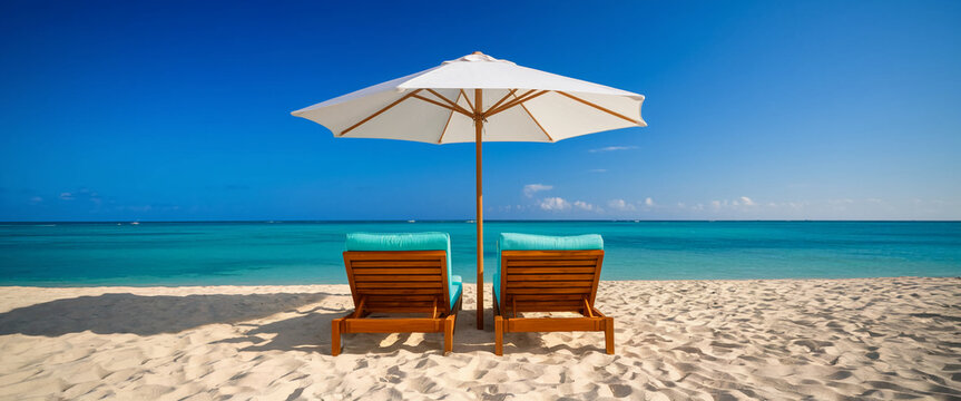 Two wooden beach chairs with teal cushions sit beneath a white umbrella on a sandy beach, facing a turquoise ocean under a bright blue sky, showcasing idyllic beach relaxation