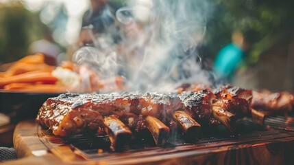 Smoked BBQ ribs on wooden board, steaming hot, outdoor setting. Delicious grilled meat close-up.