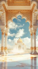 Indian Palace Wedding Terrace, Ornate Golden Gateway Leading to Endless Clouds, Subtle Holi Traces. Background Frame. Copy space. Generative AI