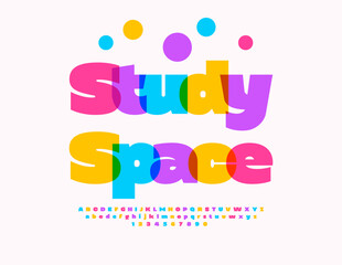 Vector Colorful Study Space. Transparent Watercolor Font. Cool Children Alphabet Letters and Numbers set.