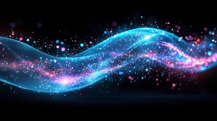 Obraz premium Cosmic Energy Flow: A mesmerizing dance of radiant blue energy, shaped in a dynamic, flowing wave, and punctuated with vibrant particles, creating a visual spectacle of pure energy and motion.