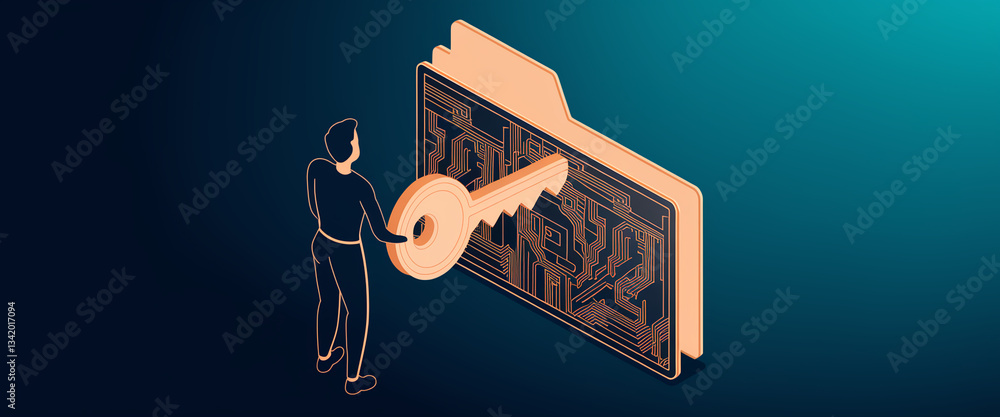 Poster isometric illustration of a person holding a large key to a digital folder, symbolizing data securit